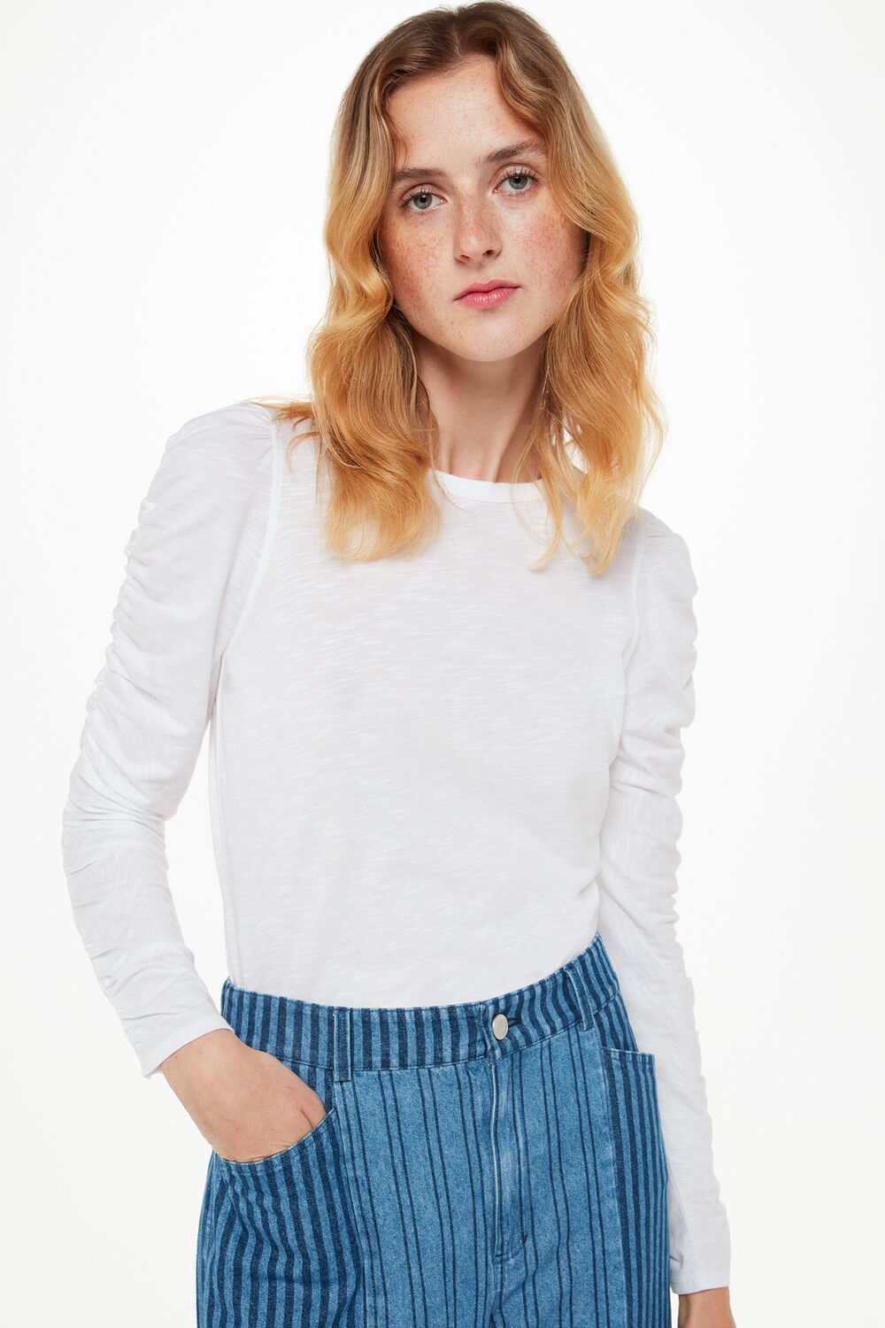 White Ruched Sleeve Top