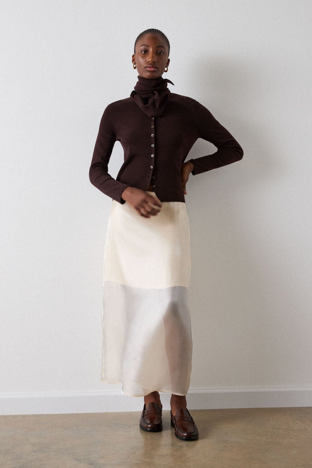 Chocolate Crew Neck Scarf Cardigan
