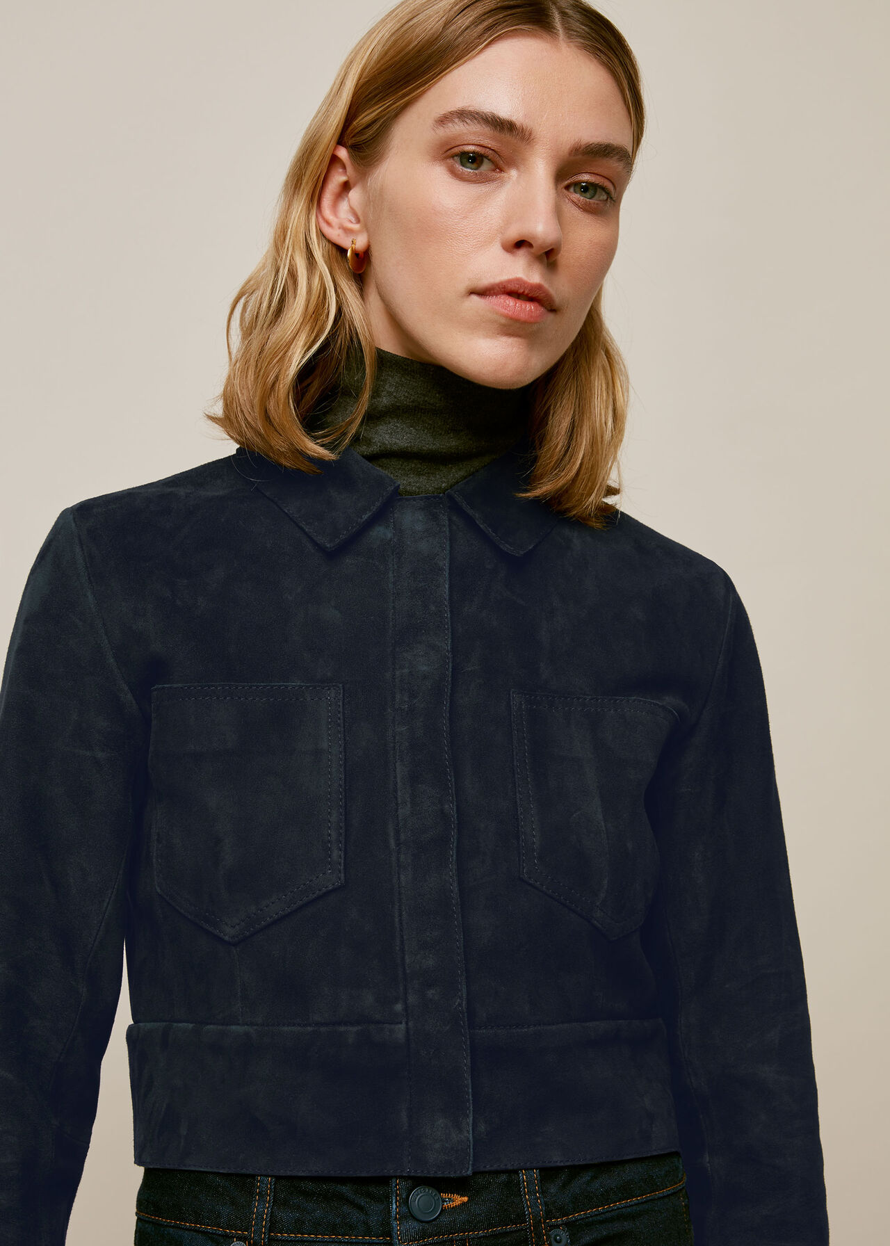 Navy Selena Cropped Suede Jacket | WHISTLES | Whistles US