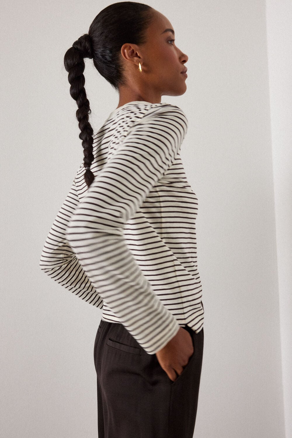 Brown Stripe Crew Neck Pocket Top