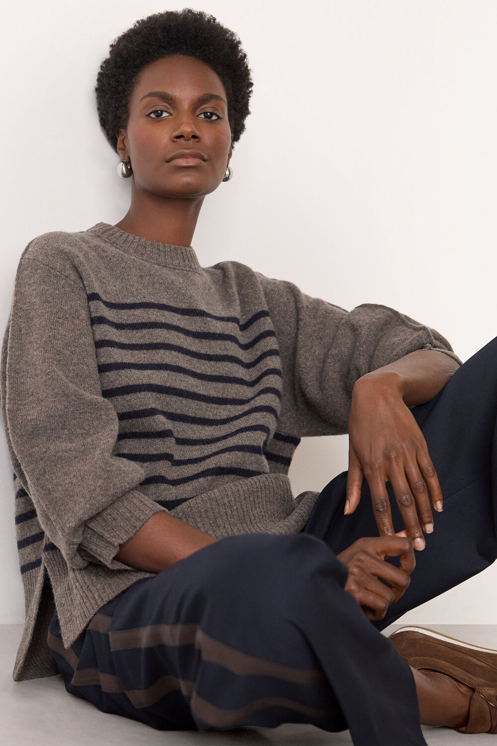 Neutral Wool Stripe Crew Neck Knit