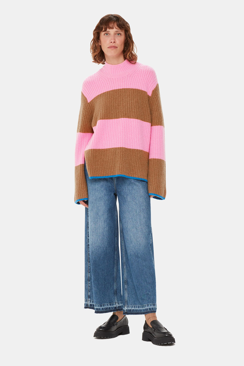 Block Stripe Rib Funnel Neck