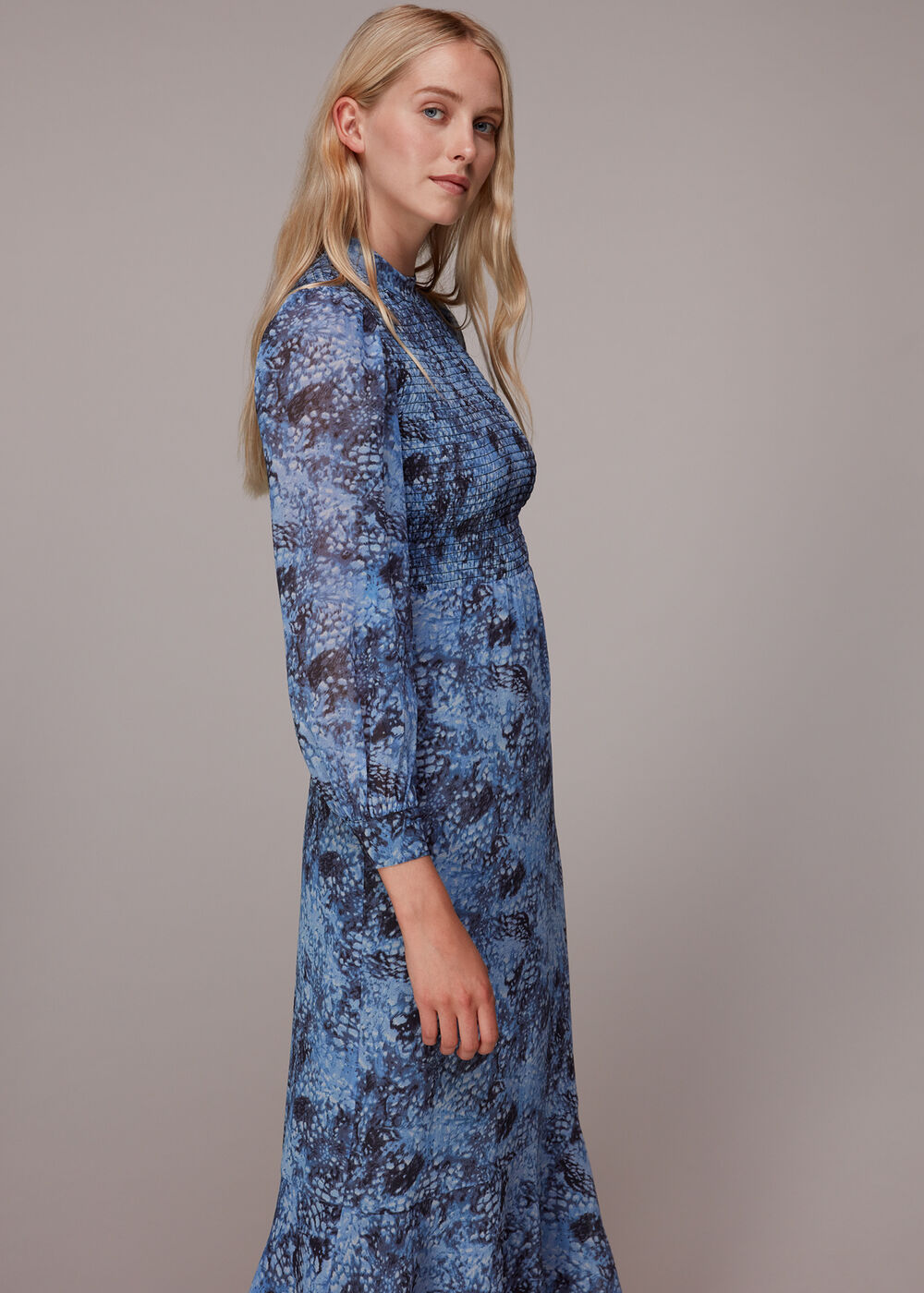 Snow Flurry Shirred Midi Dress