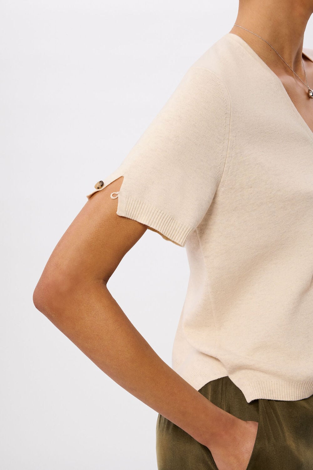 Oatmeal Short Sleeve Button Front Knit