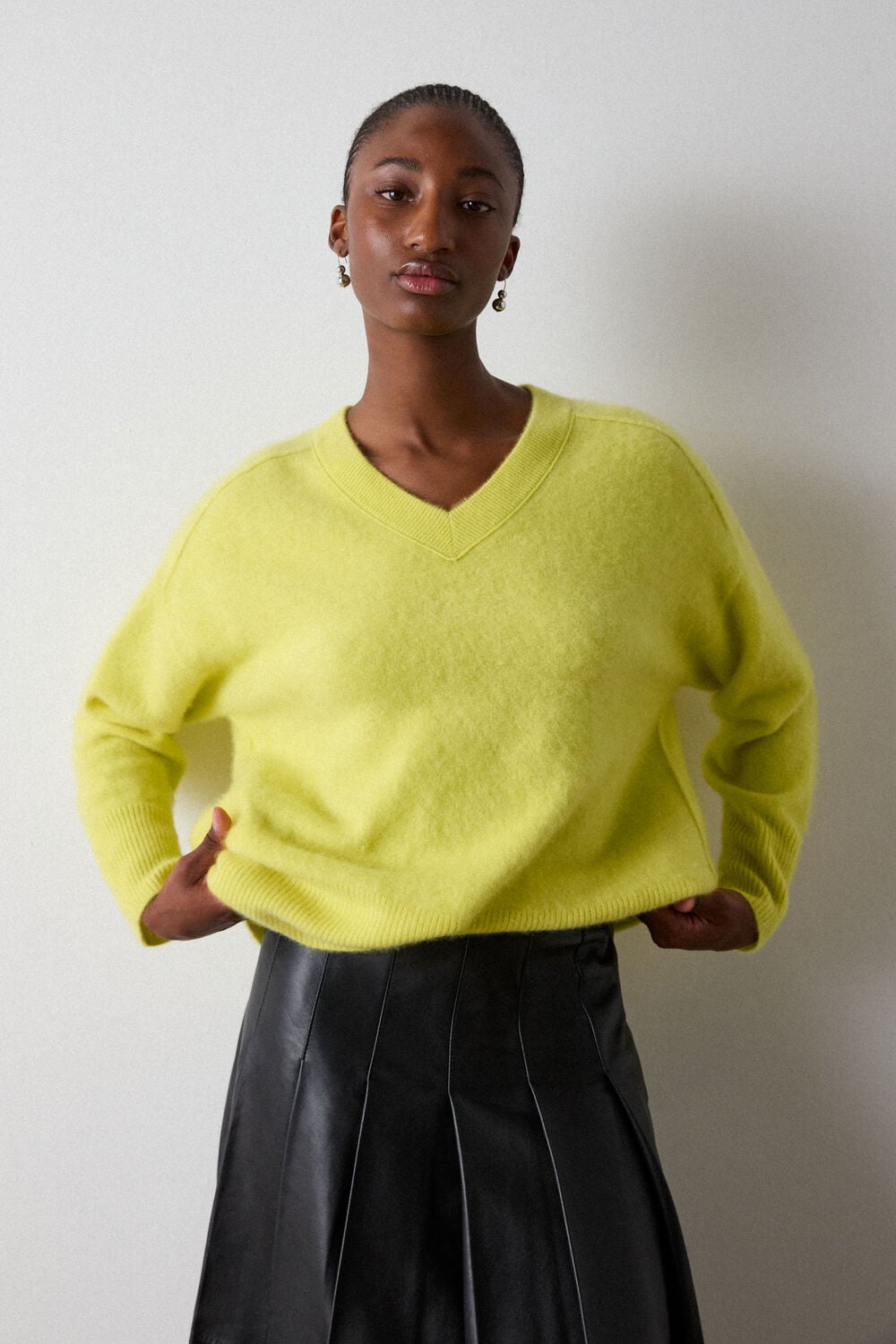 Yellow Brushed Cashmere V Neck Knit