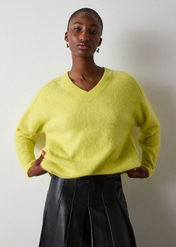 Yellow Brushed Cashmere V Neck Knit
