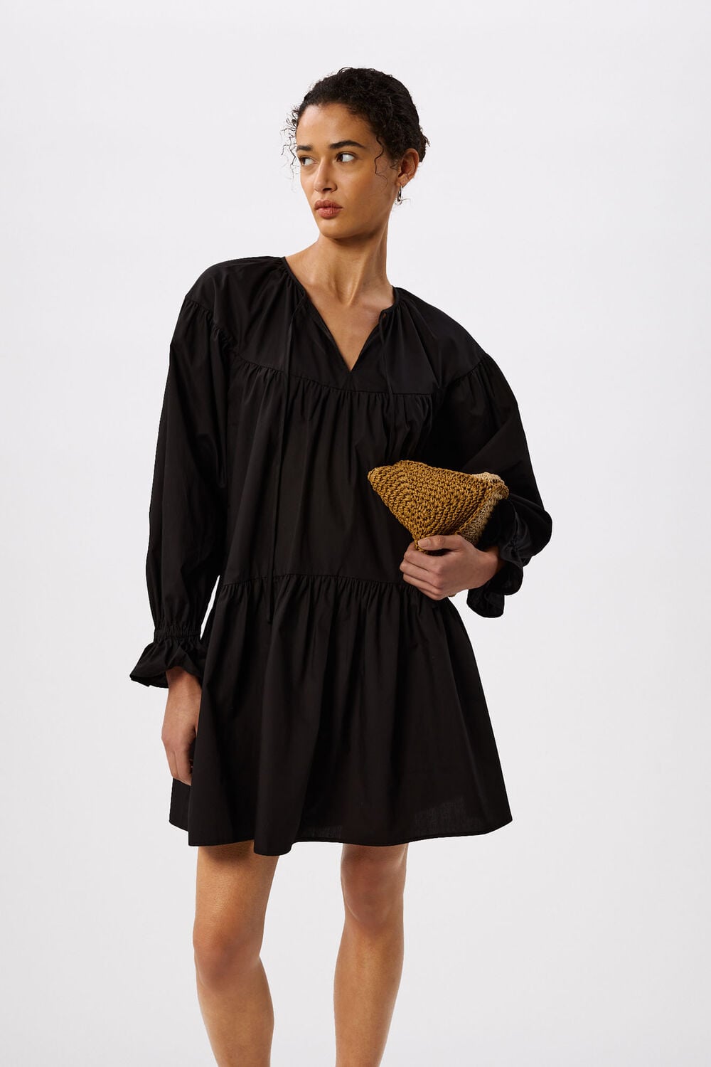 Black Cotton Tiered Mini Dress