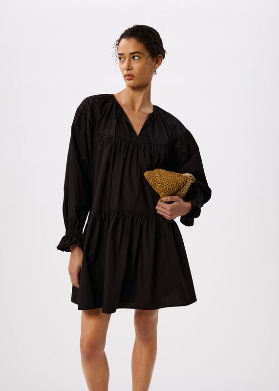 Black Cotton Tiered Mini Dress