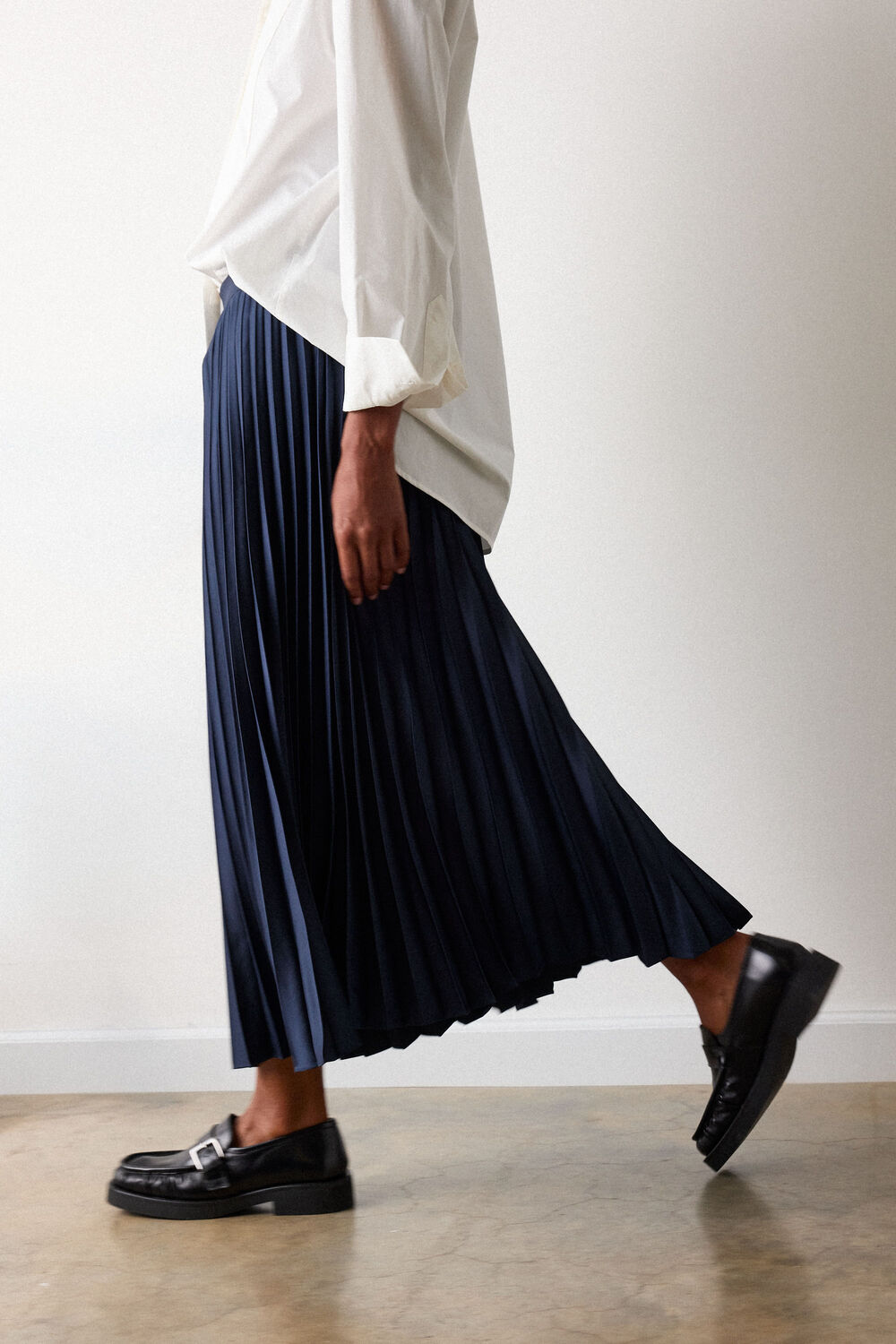 Navy Satin Pleated Midi Skirt