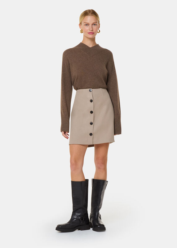 Neutral Button Front Wool Mini Skirt