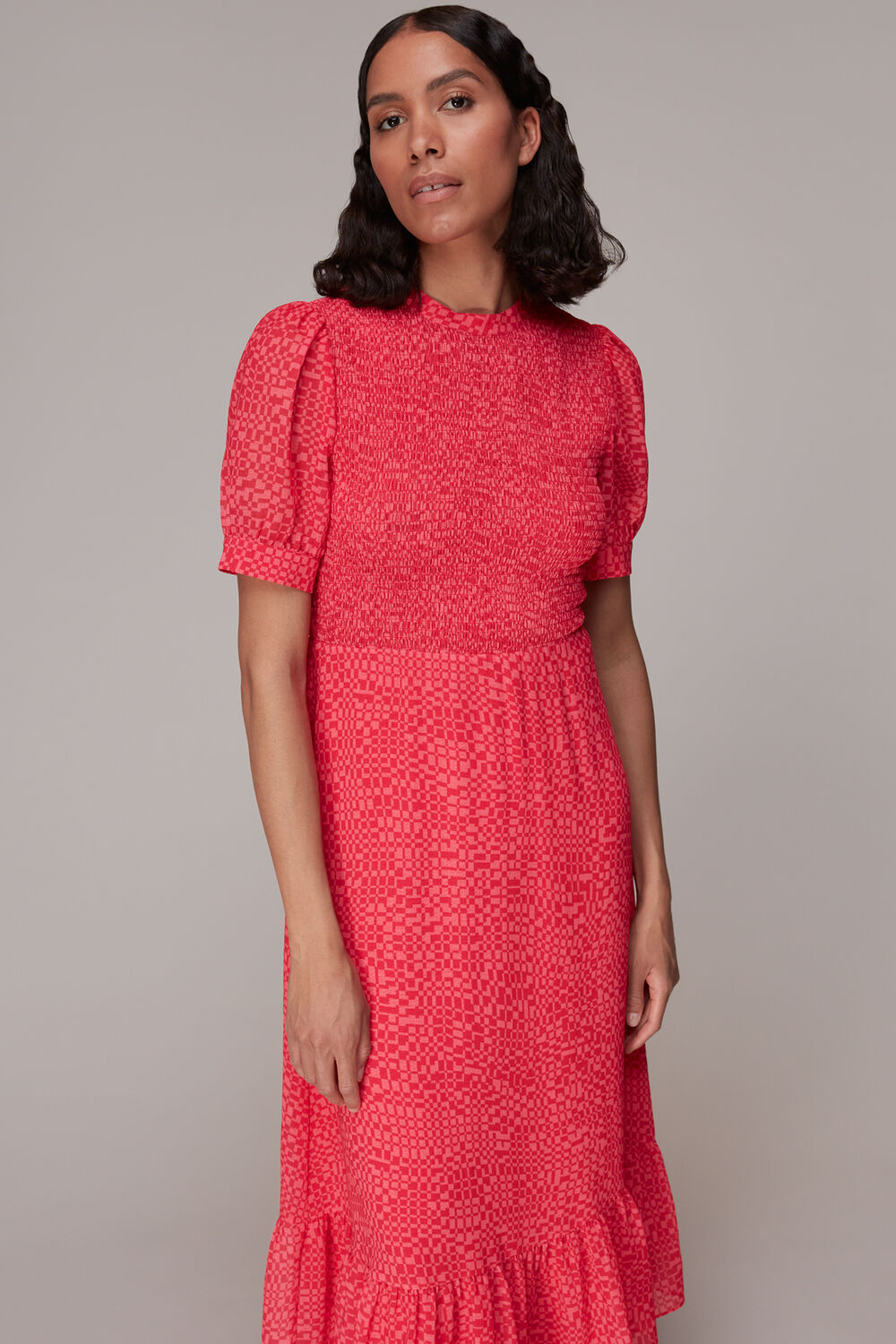 Pink Shirred Checkerboard Dress
