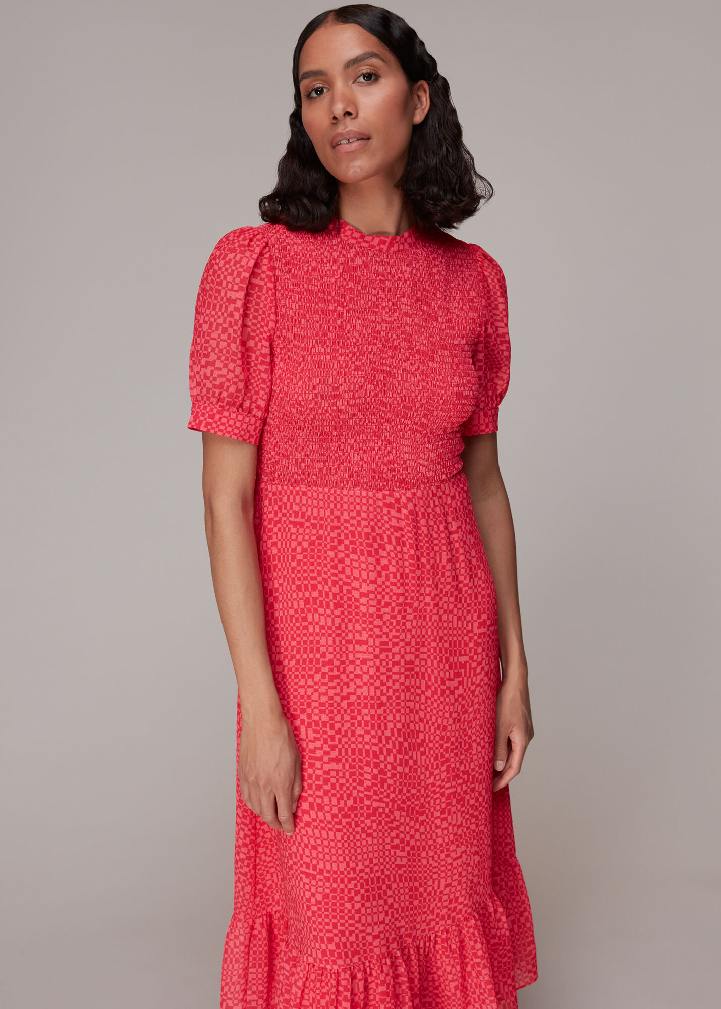 Pink/Multi Shirred Checkerboard Dress | WHISTLES | Whistles UK