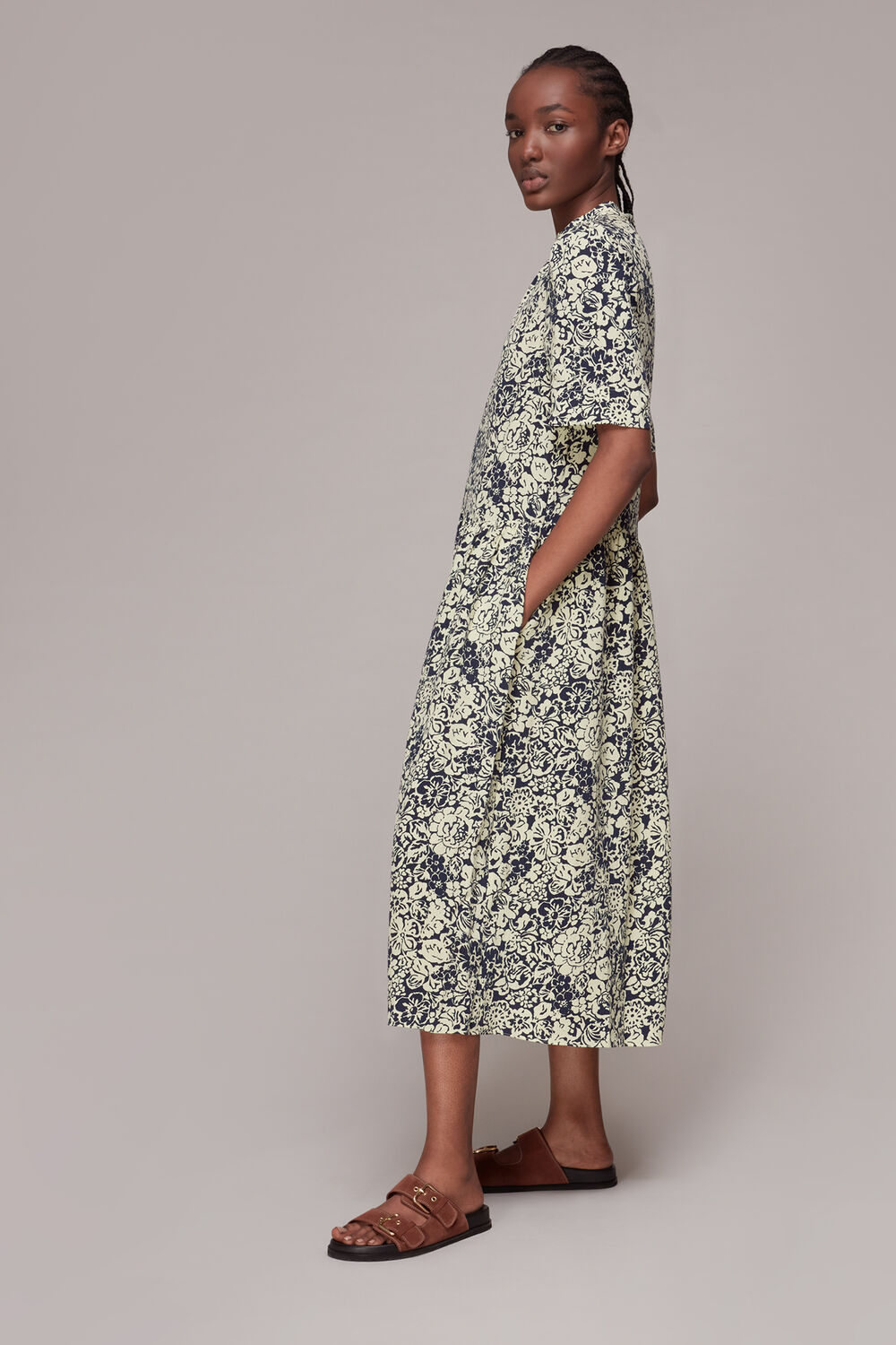 Navy Graphic Floral Trapeze Dress