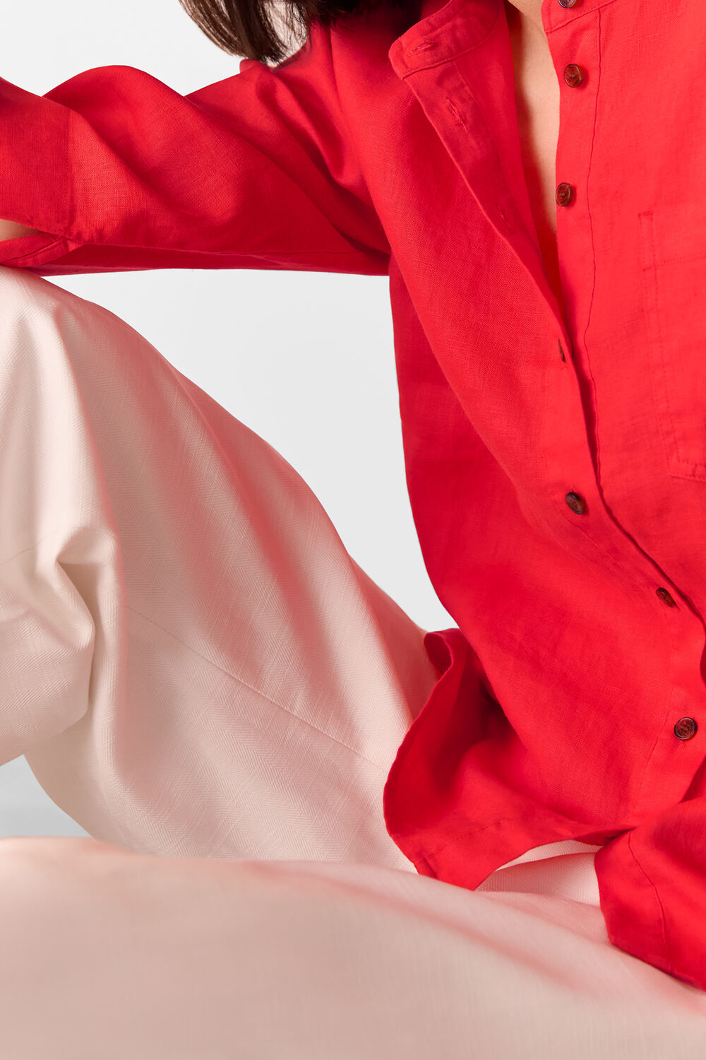 Red Linen Grandad Collar Shirt