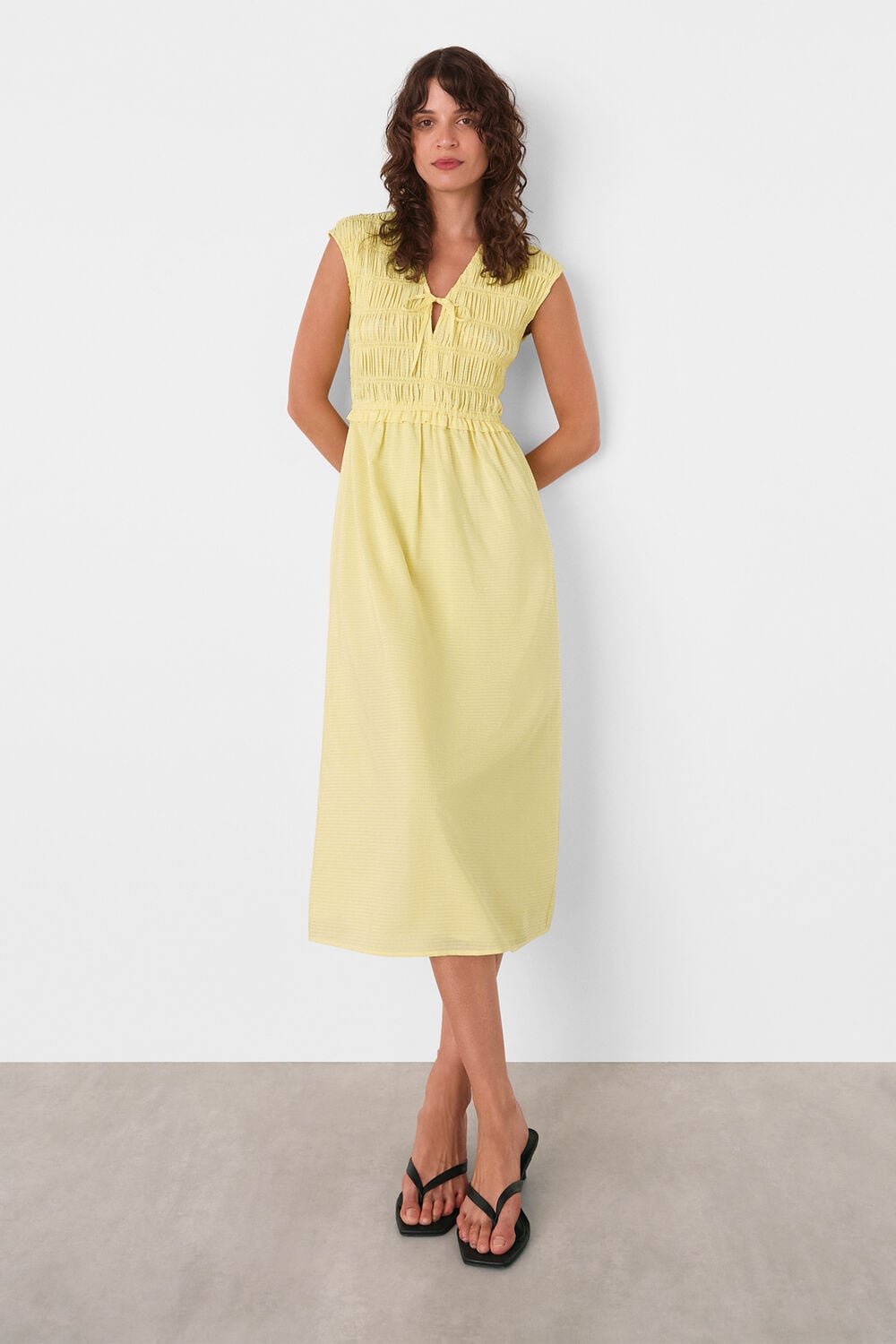 Lemon Shirred Bodice V Neck Dress