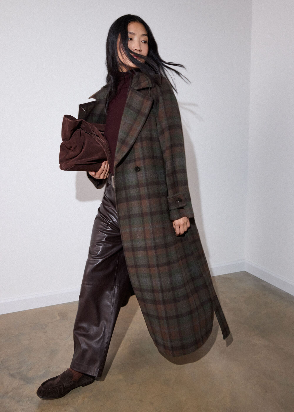 Khaki Funnel Neck Check Coat