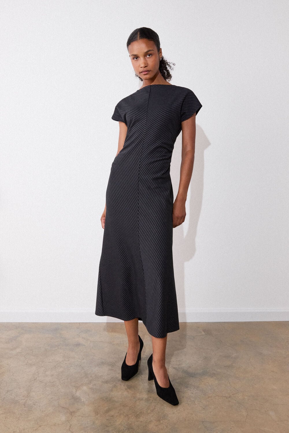 Black Pinstripe Jersey Midi Dress