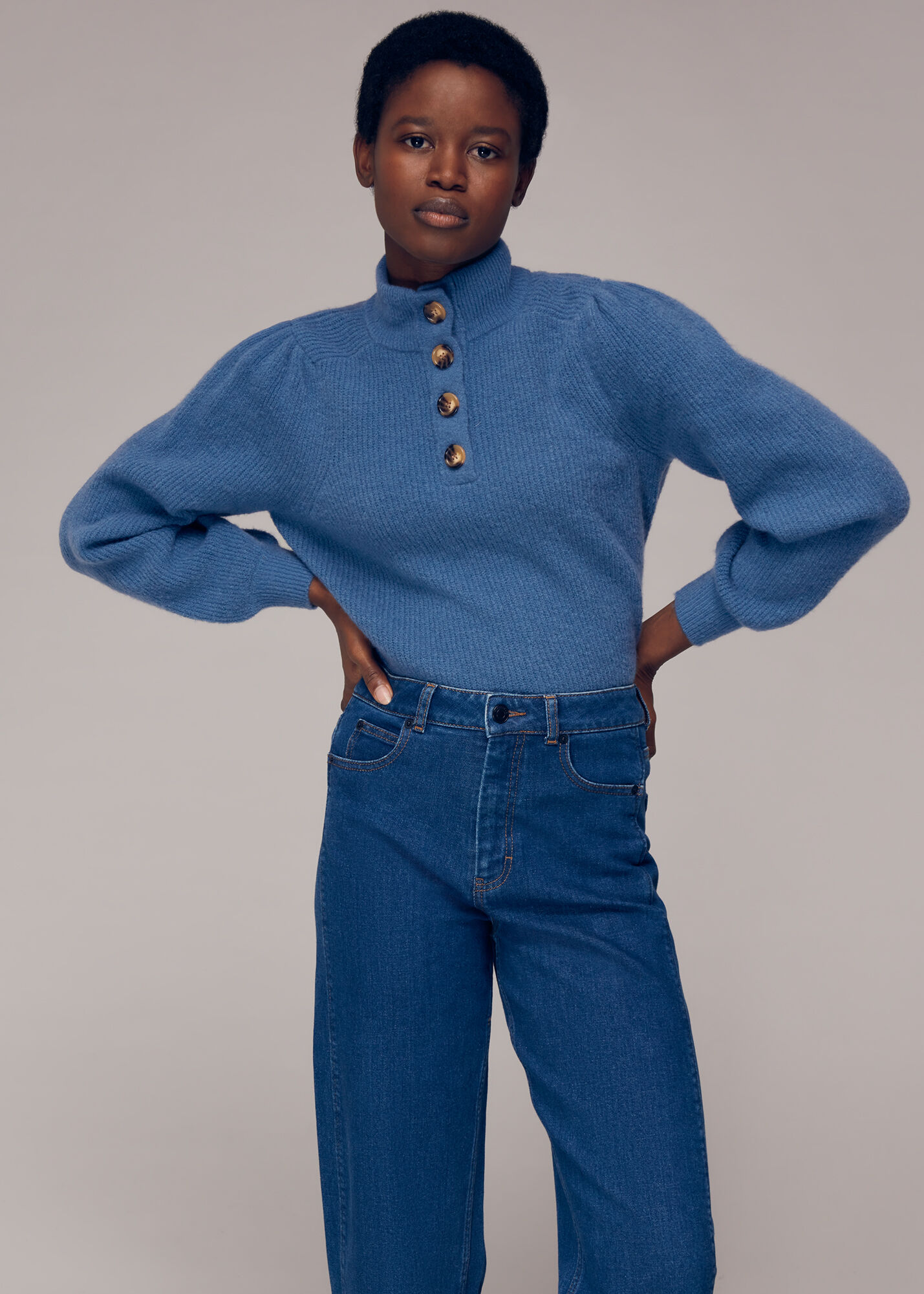 Blue Puff Sleeve Button Sweat | WHISTLES |