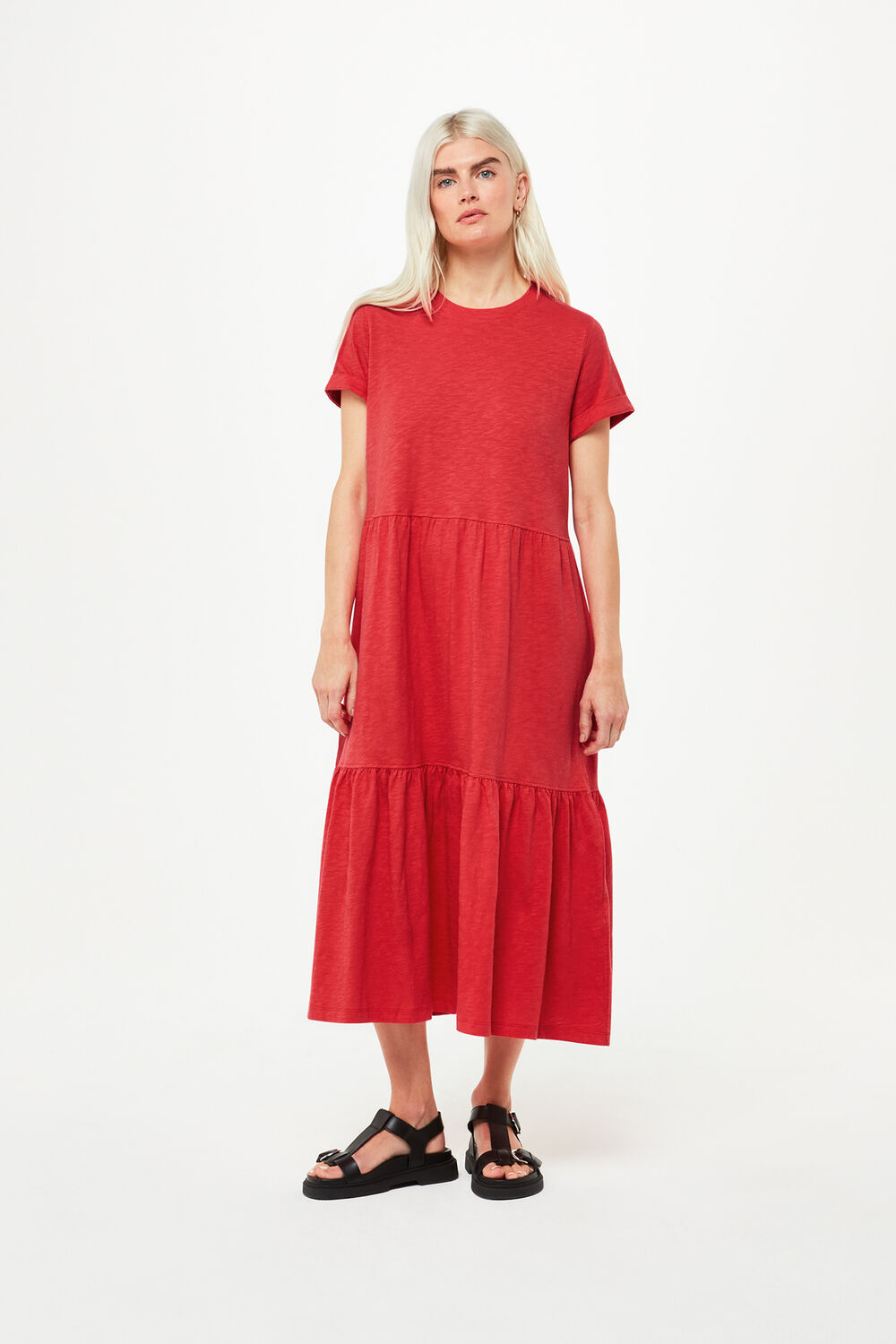 Red Petite Tiered Jersey Midi Dress