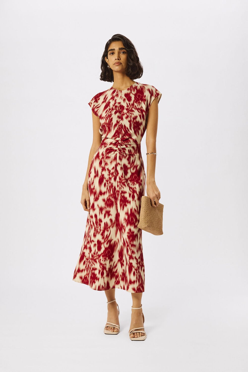Red Blurred Floral Crepe Dress