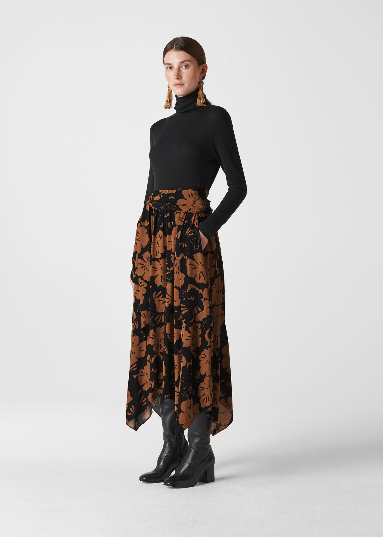 Ari Hibiscus Belted Skirt Brown/Multi