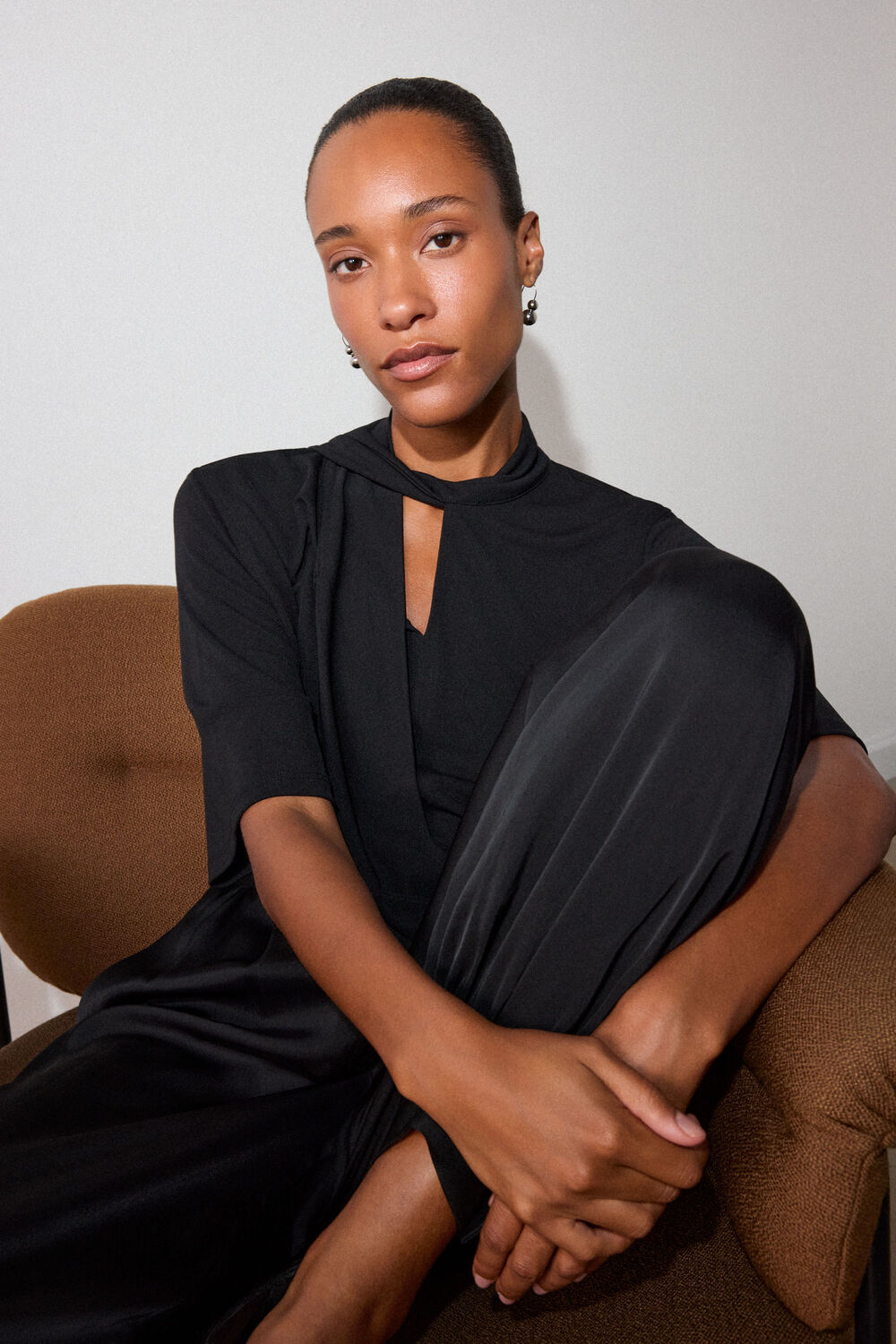 Black Short Sleeve Tie Neck Top