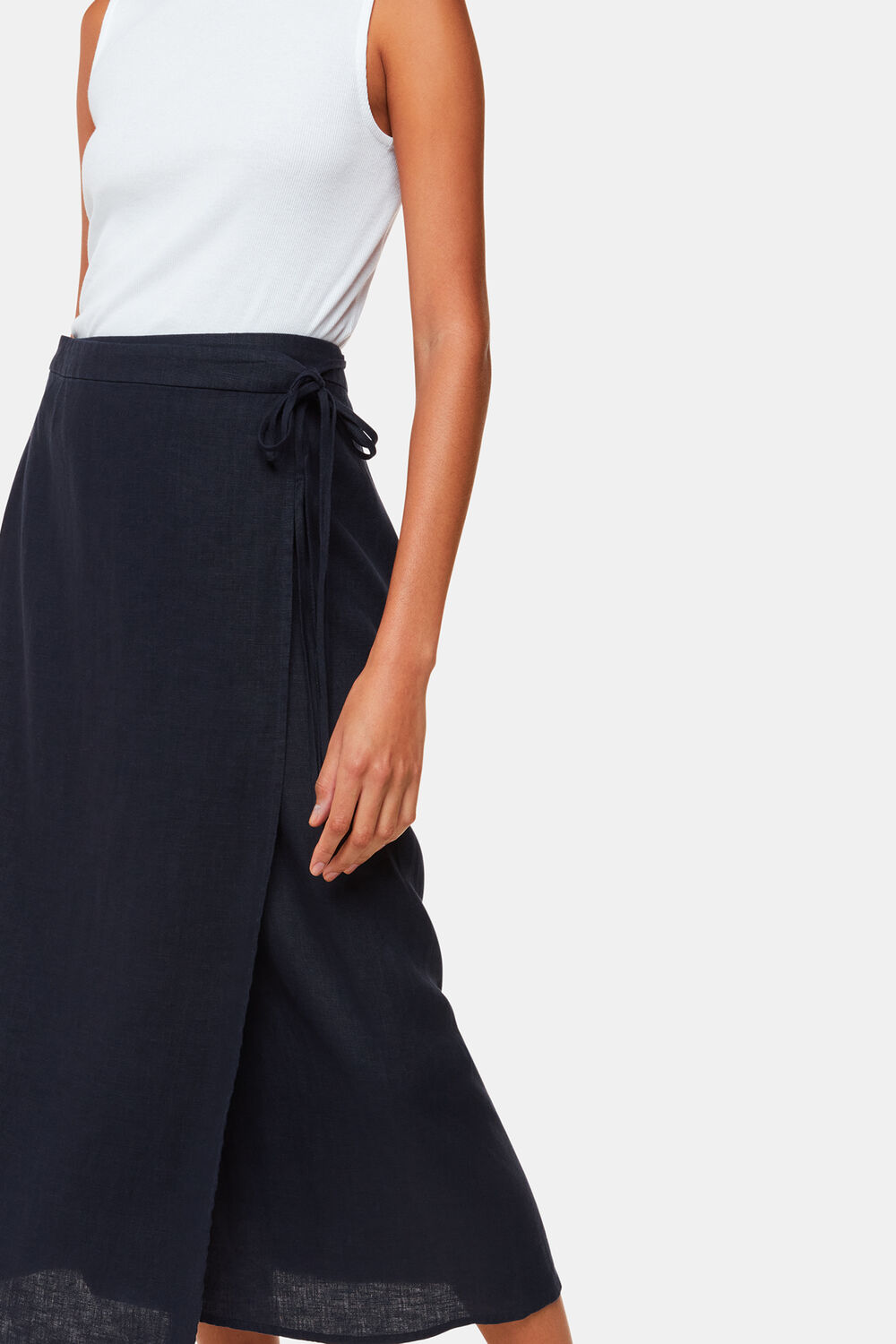 Navy Linen Wrap Midi Skirt