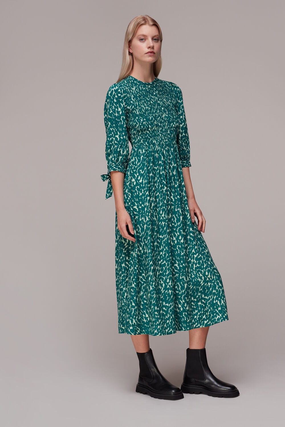 Green Sahara Cat Shirred Midi Dress