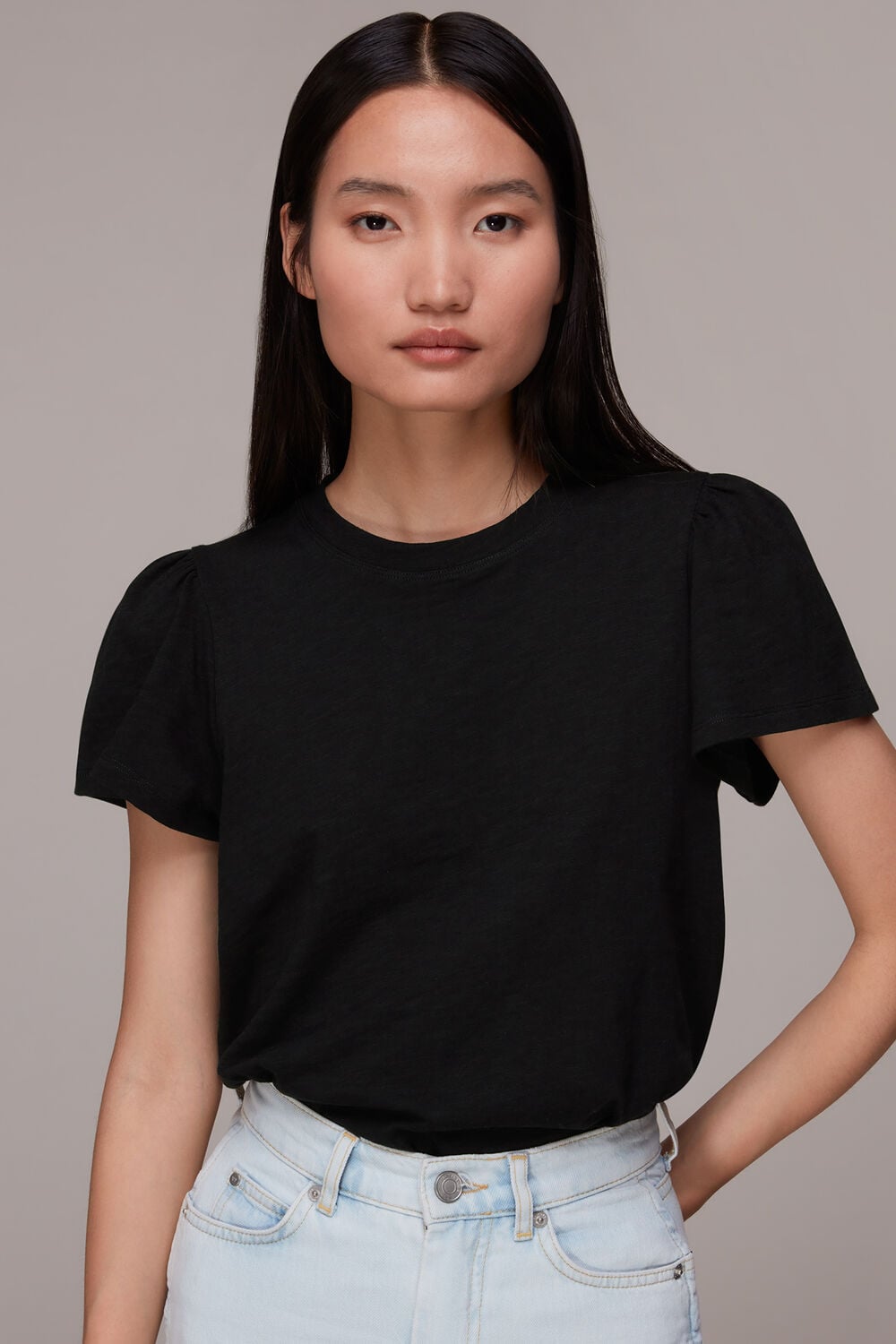 Black Cotton Frill Sleeve T Shirt
