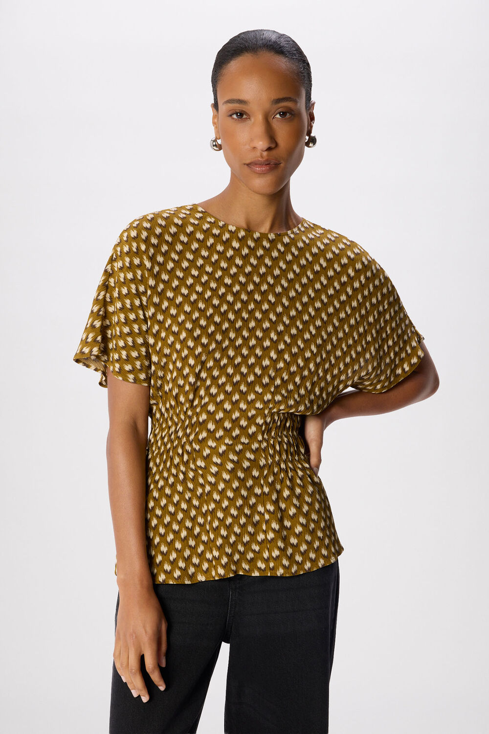 Khaki Ikat Spot Shirred Blouse