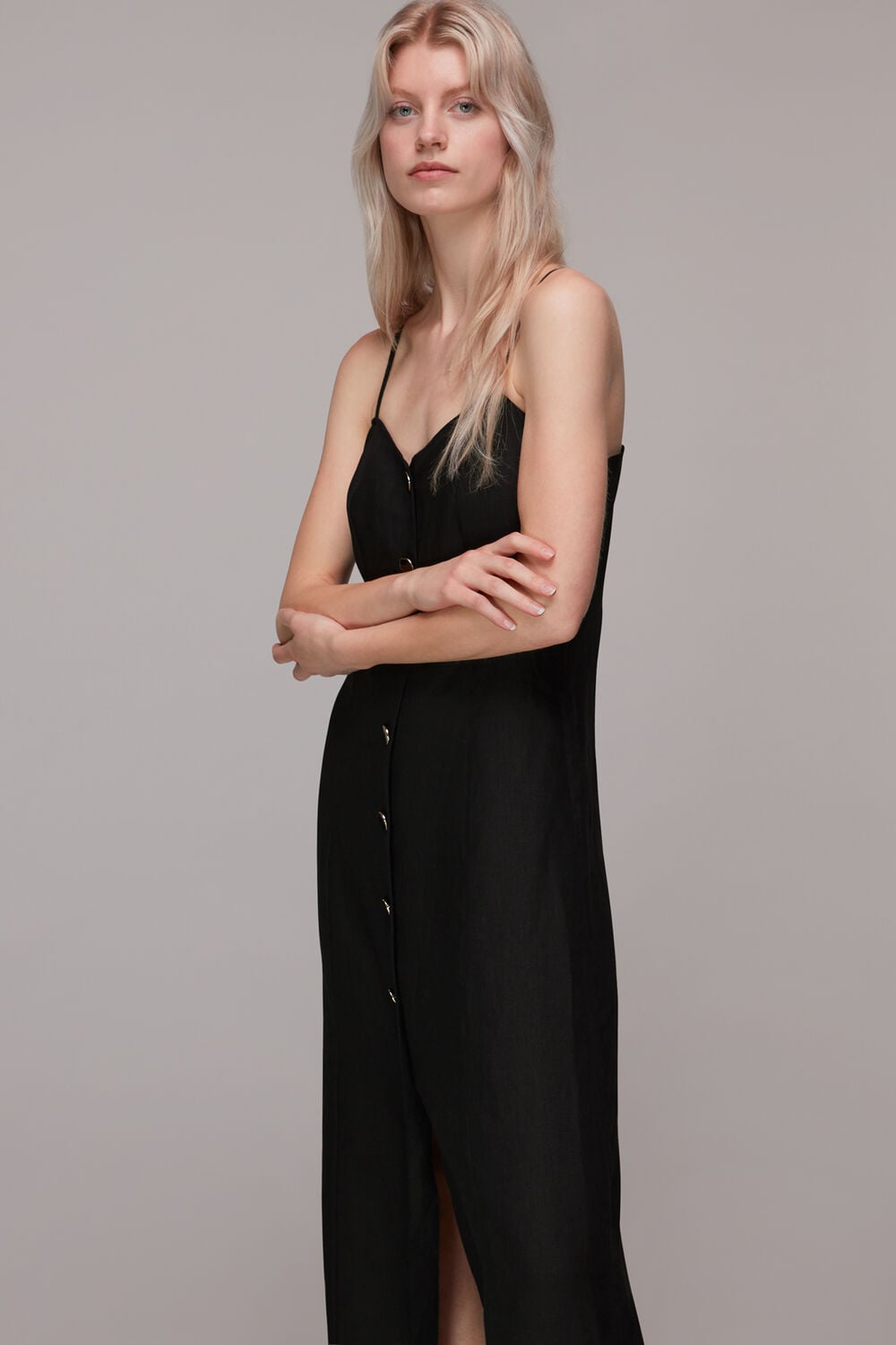Black Ava Button Linen Mix Dress