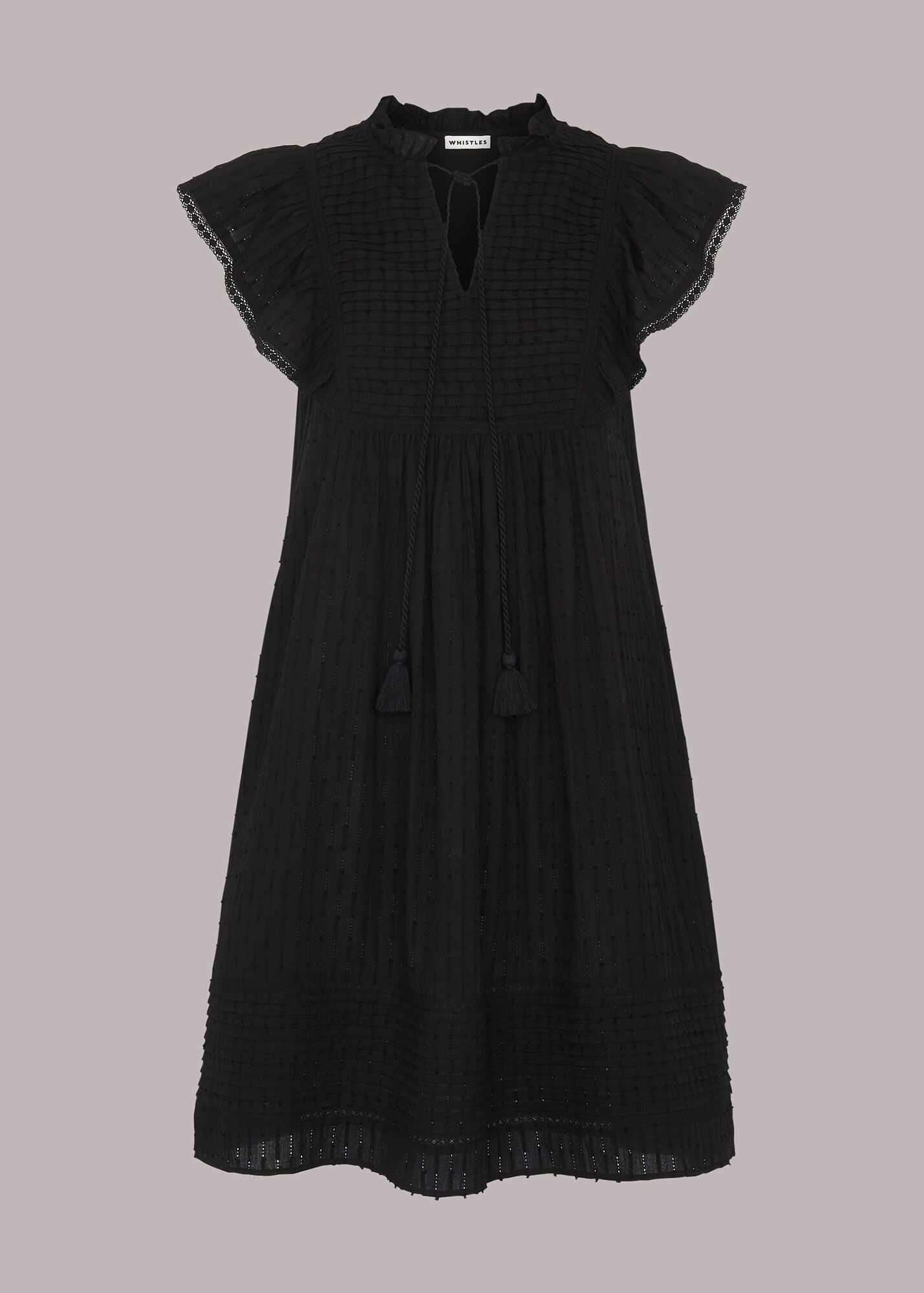 Black Pintuck Frill Cotton Dress | WHISTLES | Whistles UK