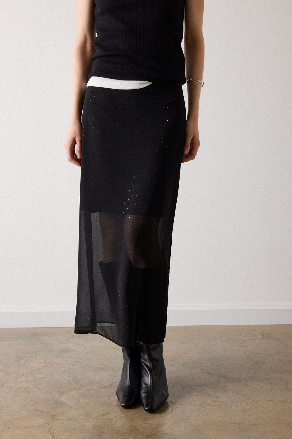 Black Hot Fix Sheer Column Skirt