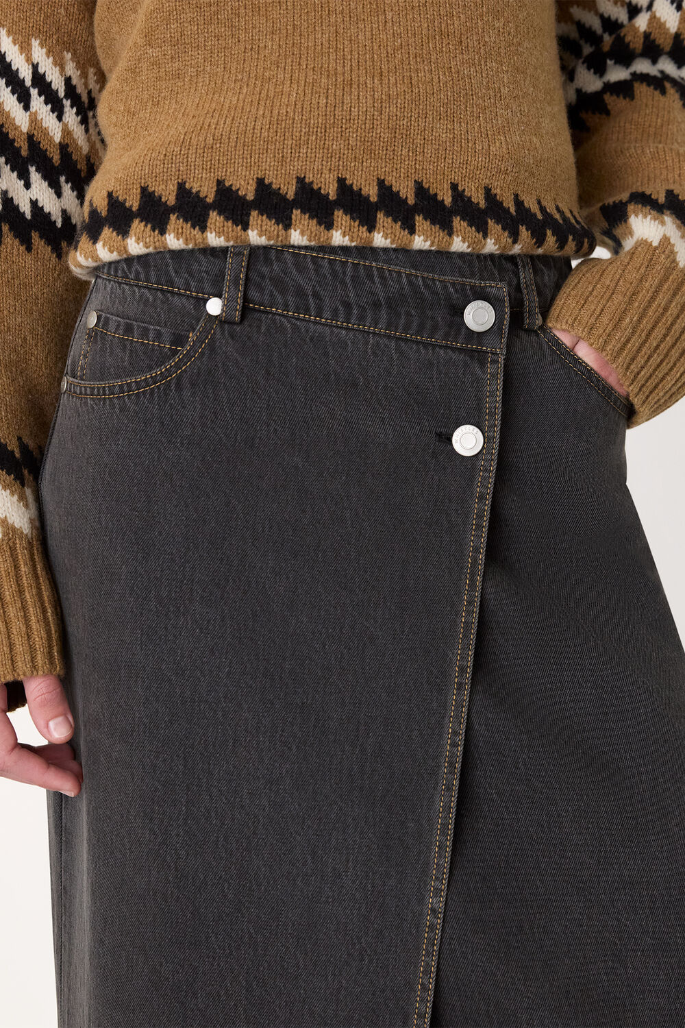 Denim Button Wrap Midi Skirt