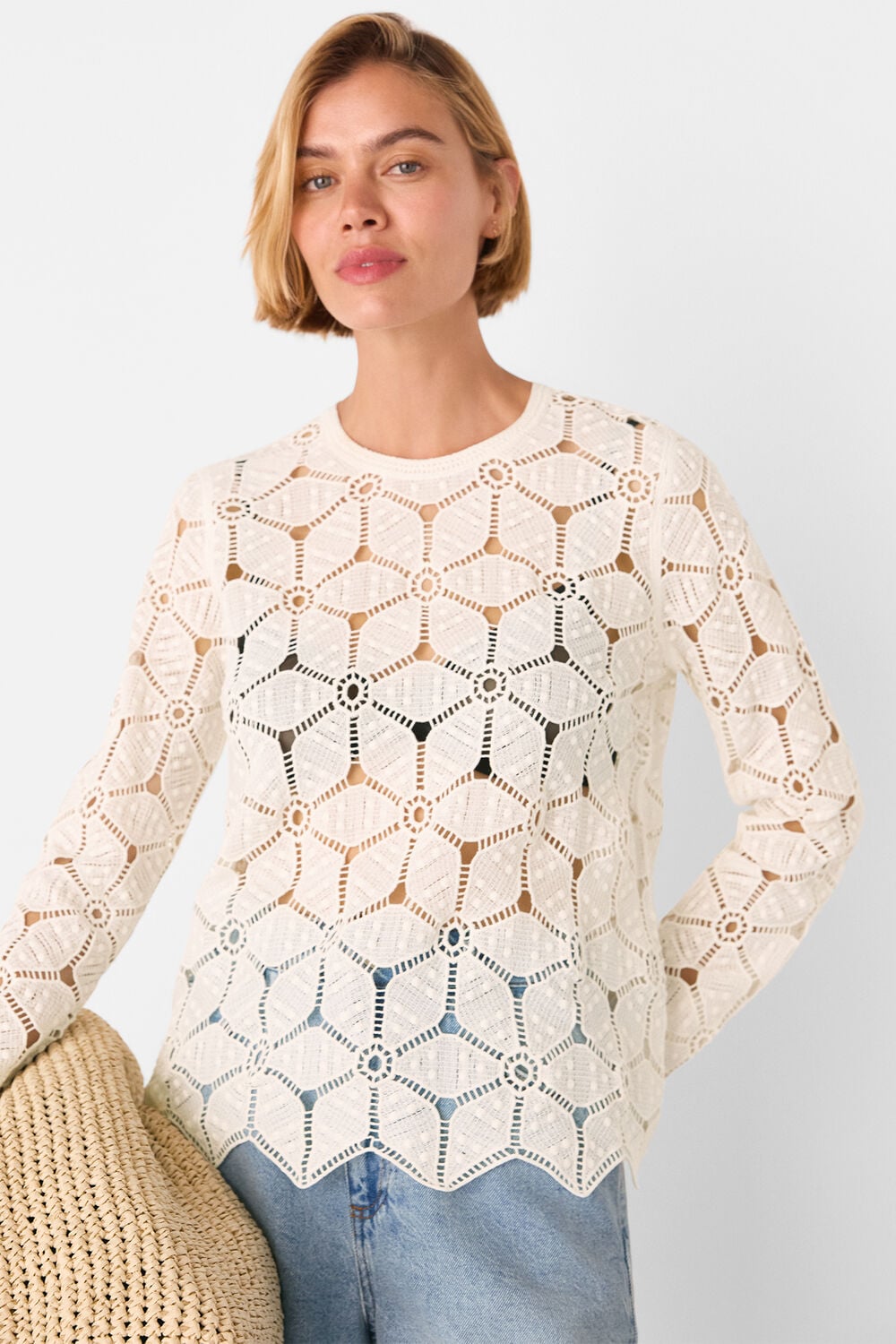 White Crochet Long Sleeve Knit