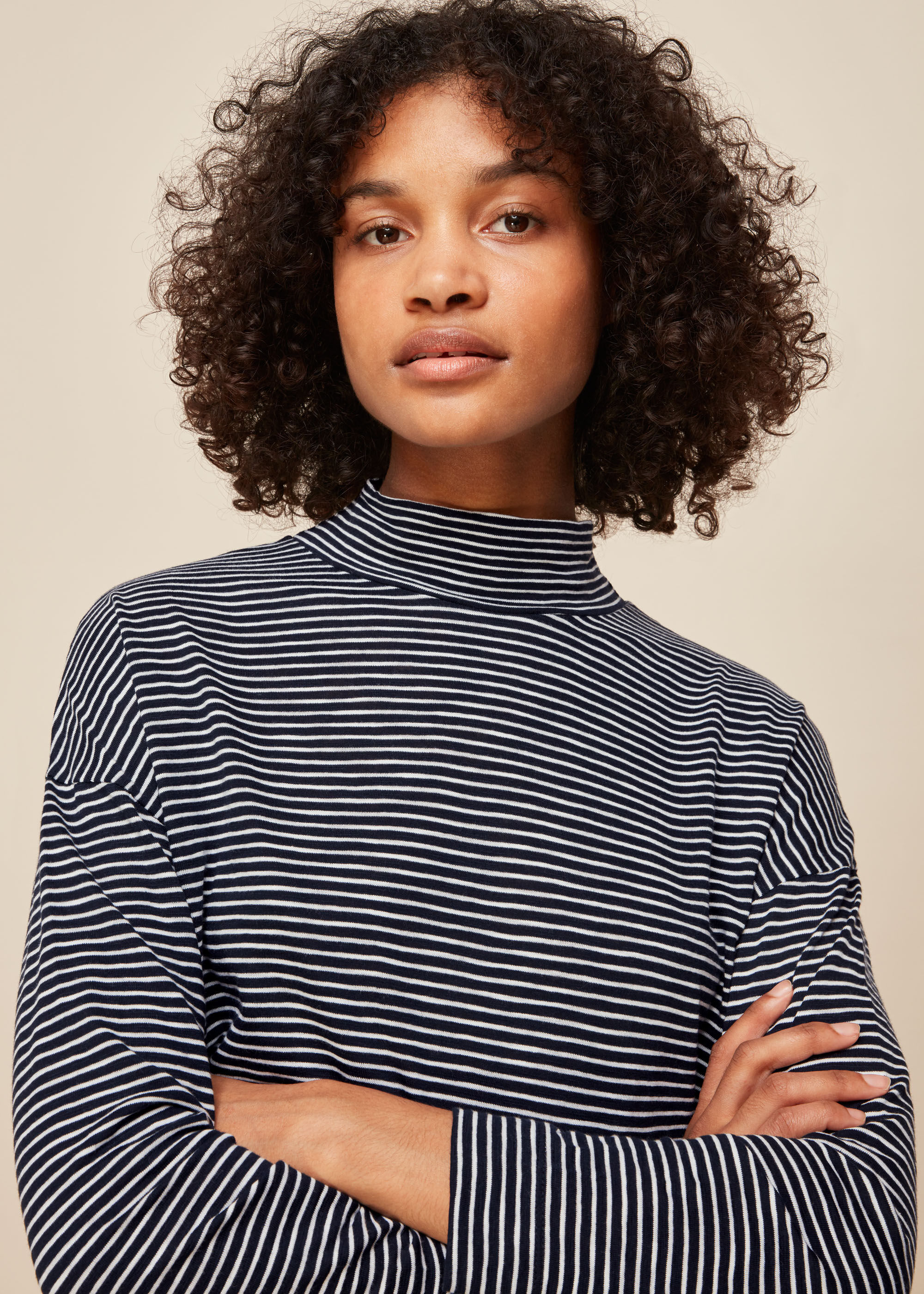 Black and white striped high neck top deals