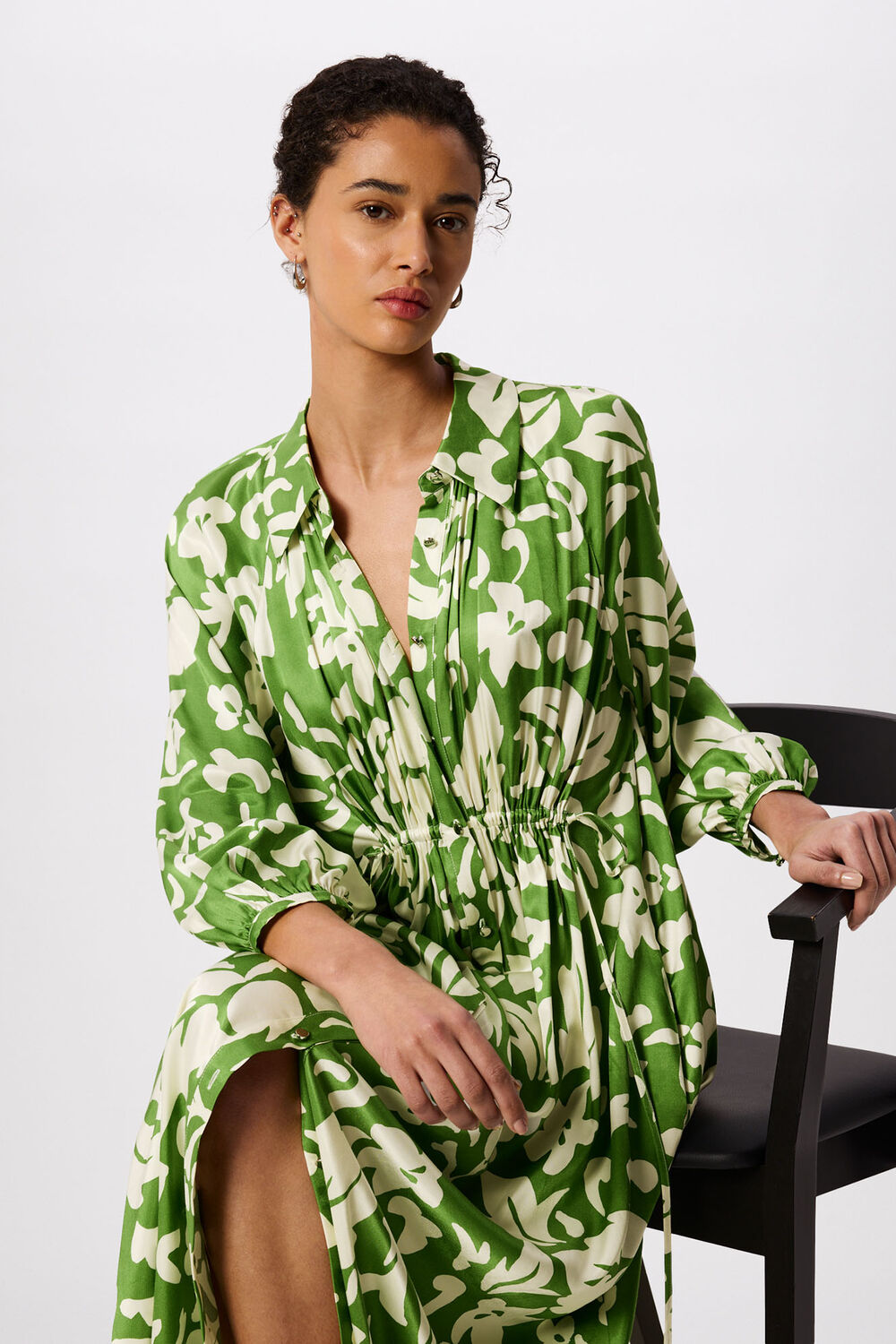 Green Floral Trapeze Shirt Dress
