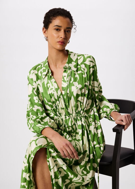 Green Floral Trapeze Shirt Dress