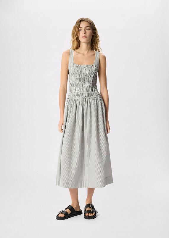 White Seersucker Ruched Bodice Dress
