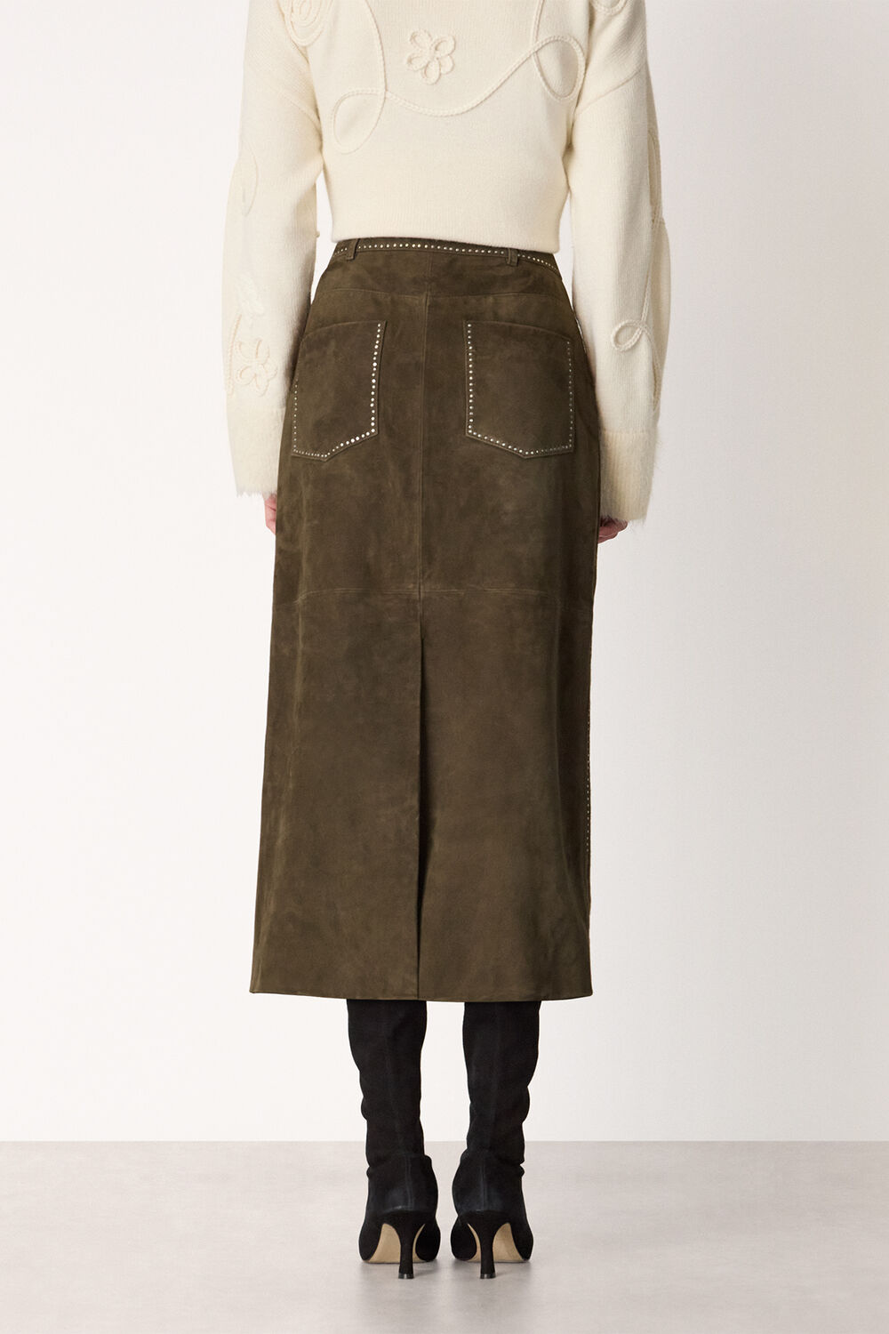Olive Suede Studded Column Skirt