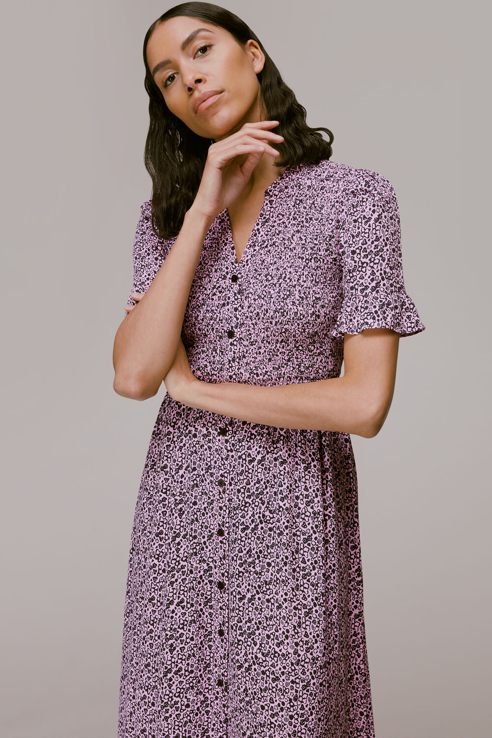 Pink Aria Flower Stamp Midi Dress