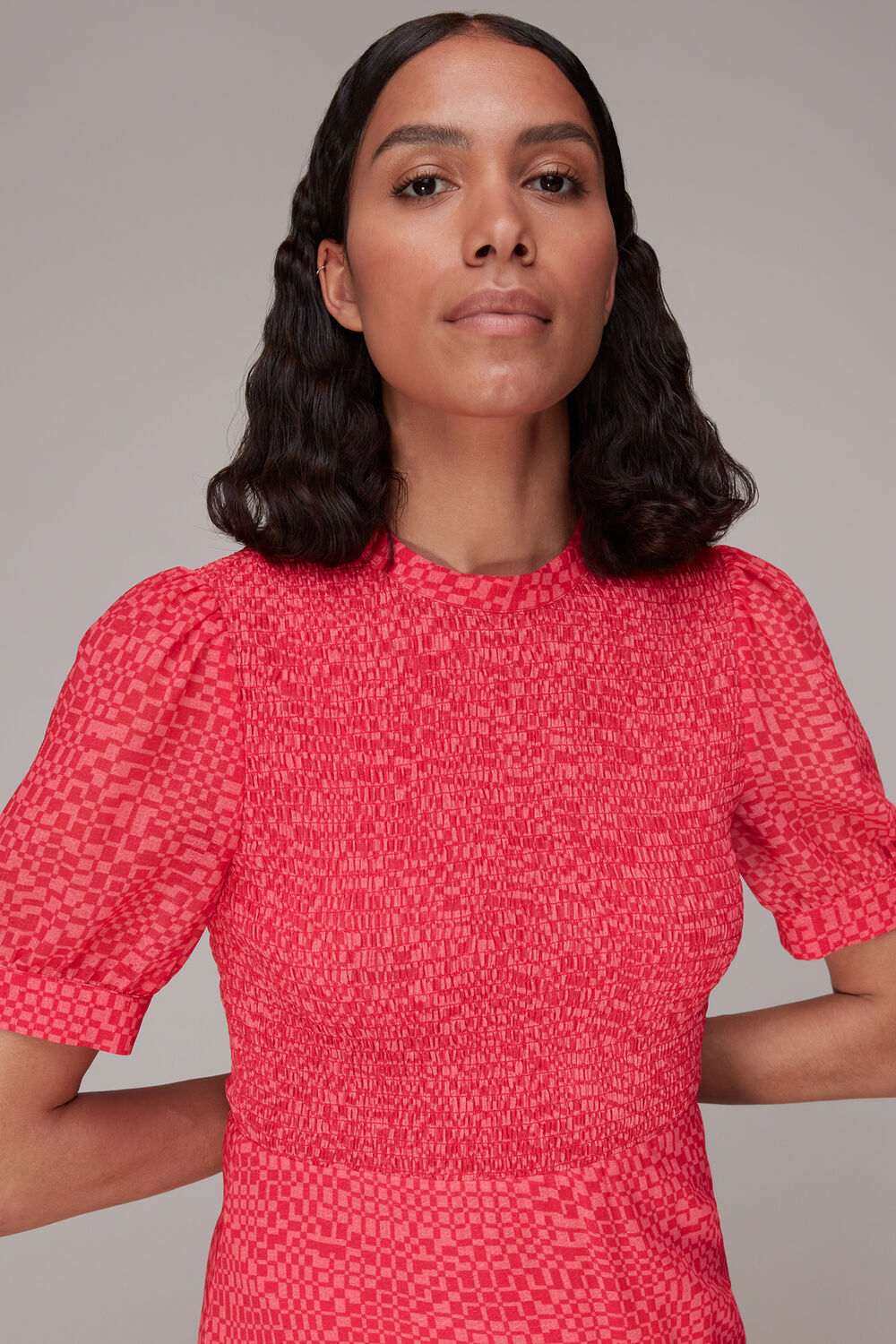Shirred Checkerboard Dress