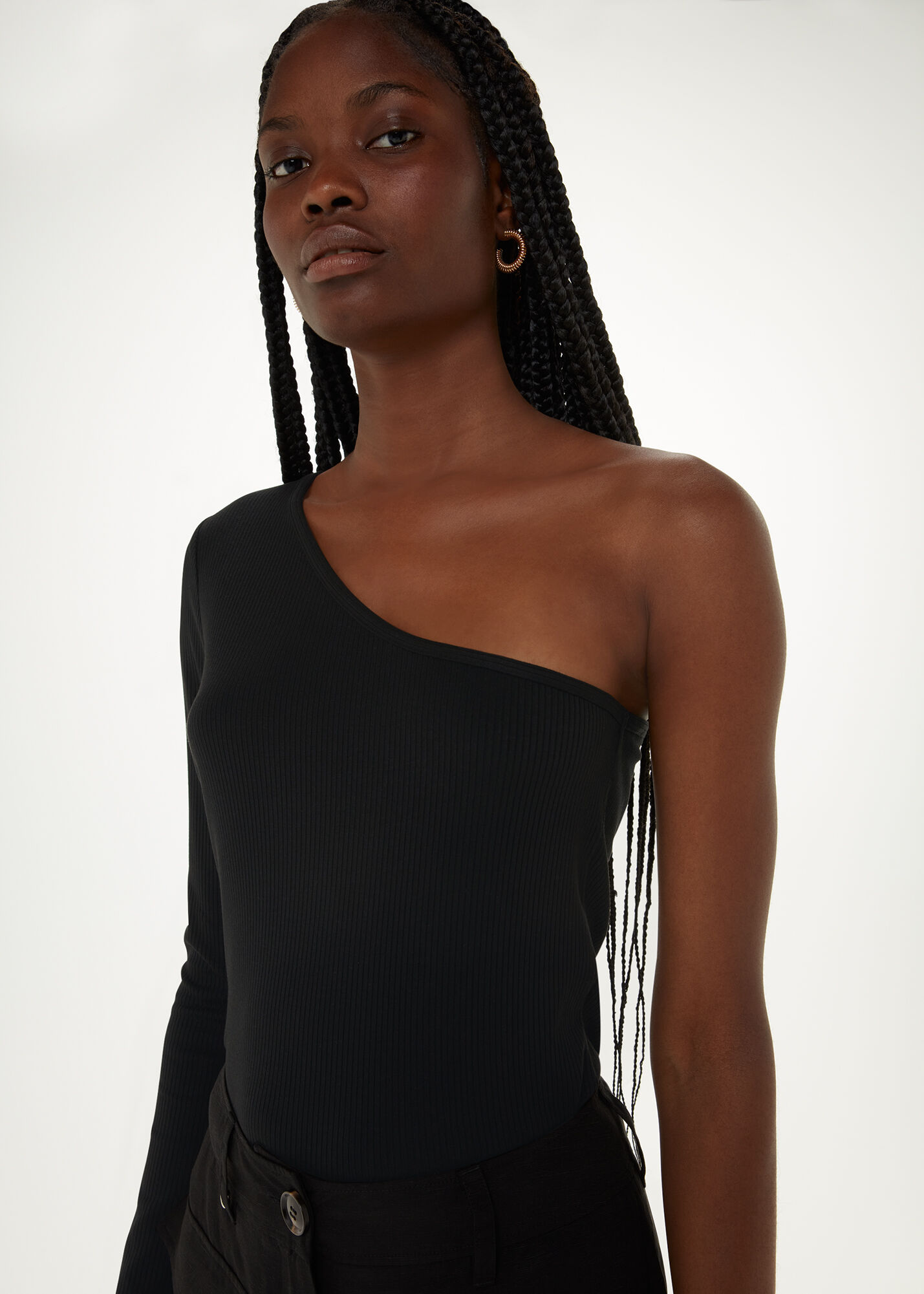 Black ribbed one cheap shoulder top