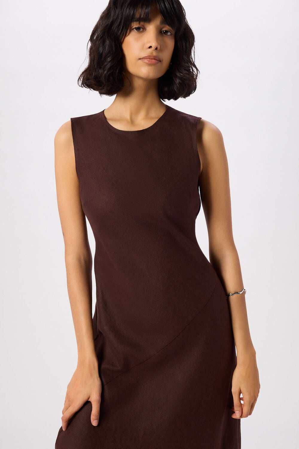 Brown Bias Cut Linen Dress
