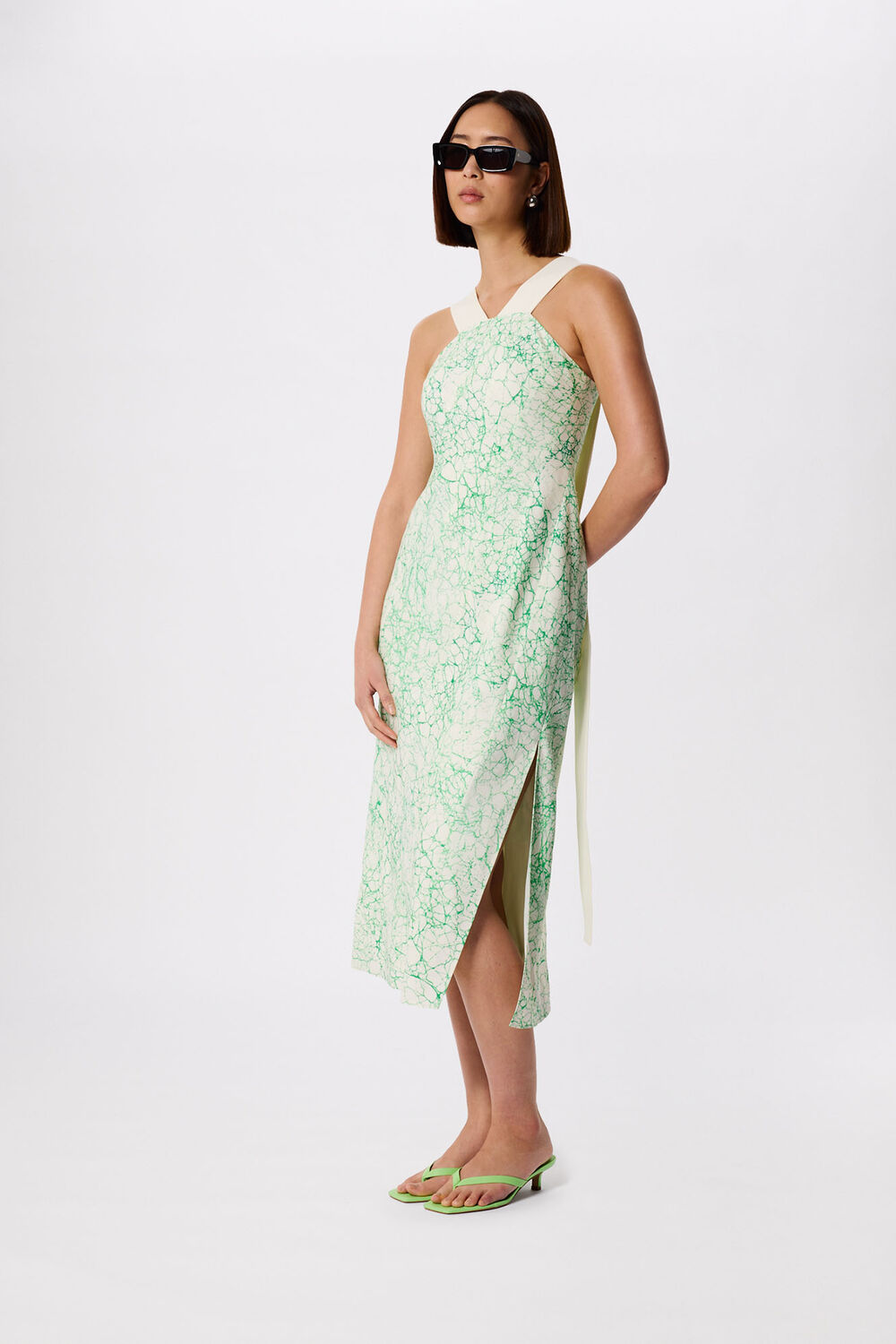 Green Printed Buckle Midi Dress