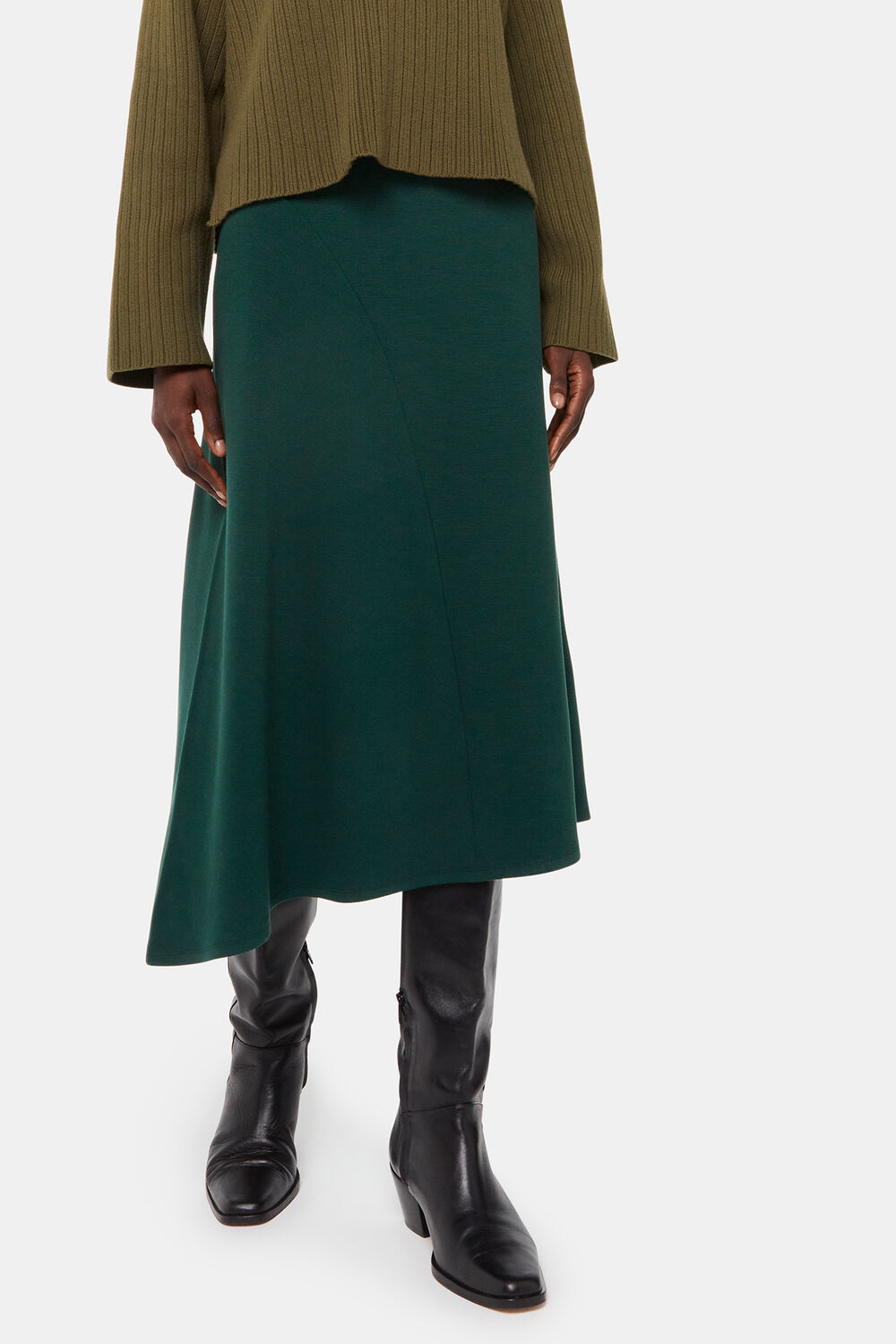 Forest Green Ottoman Rib Curved Hem Skirt