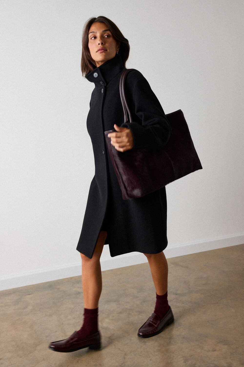 Black Funnel Neck Cocoon Coat