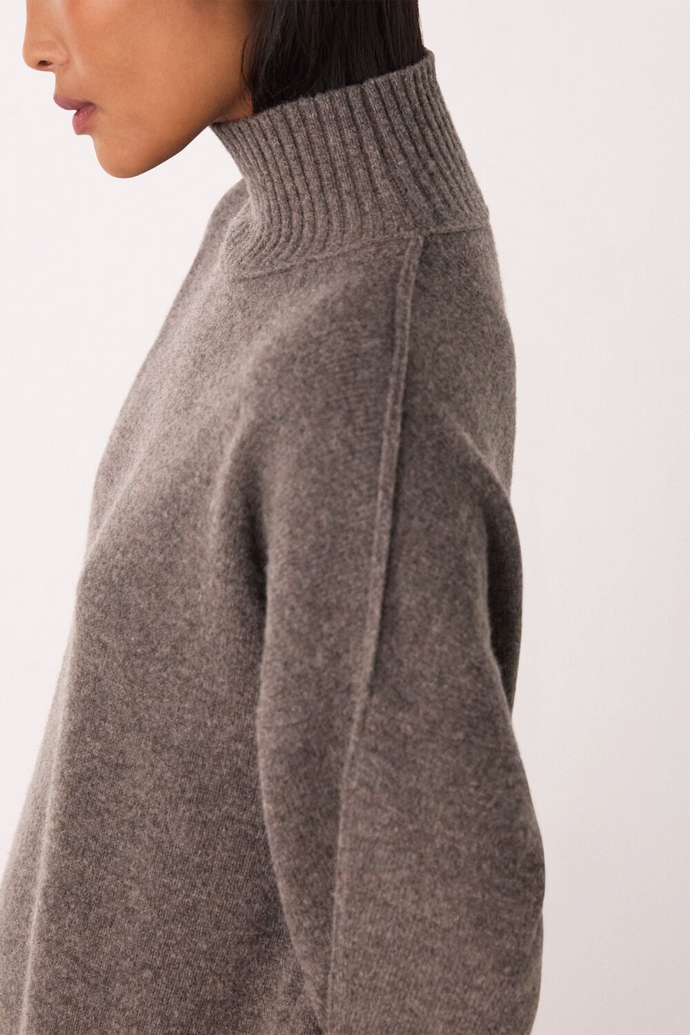 Taupe Petite Funnel Neck Wool Mini Dress