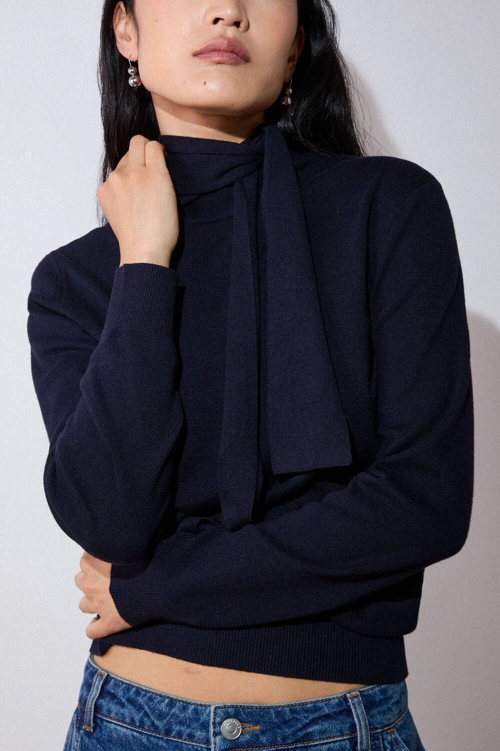 Navy Tie Neck Detail Knit