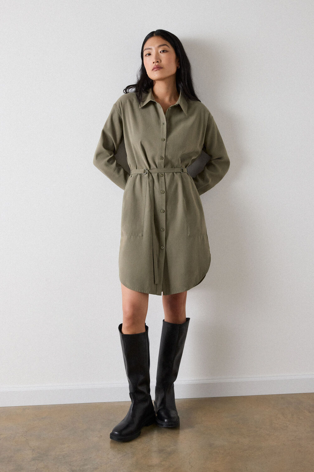 Khaki Ring Detail Shirt Twill Dress